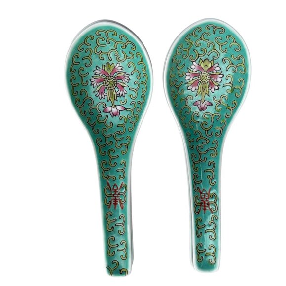 Set Of 4 Chinese Porcelain Soup Spoons With Floral Design In Green & Pink - Picture 2 of 5